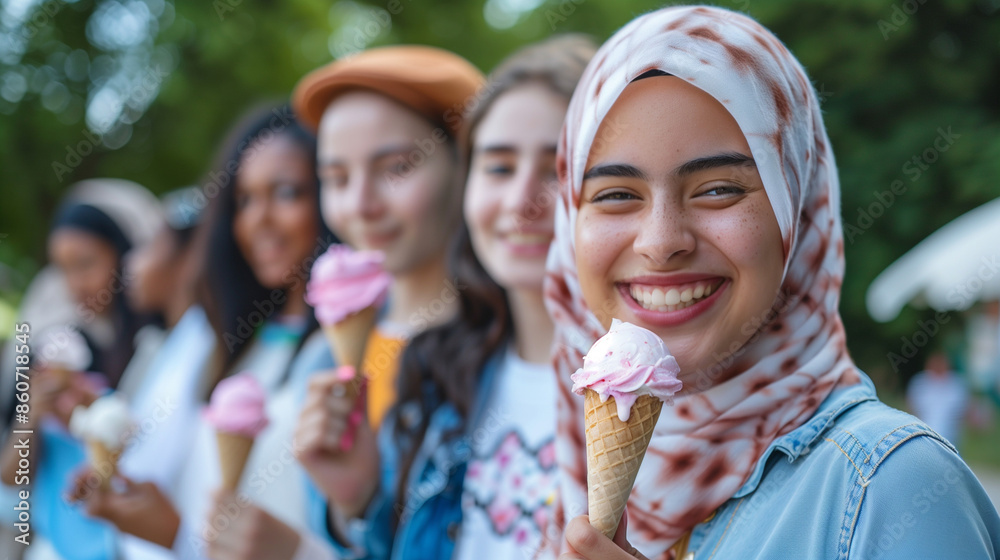 Diverse teenagers enjoying ice cream at the beach on a sunny day Diverse teenagers enjoying ice cream at the beach on a sunny day