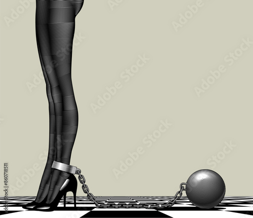 The legs of a woman in dark tights and high-heeled shoes are chained to a long chain with an iron ball on the chess floor in perspective. Conceptual vector
illustration in vintage engraving style