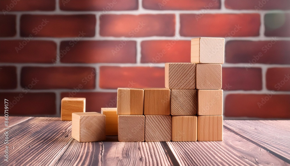 Obraz premium Wooden blocks built on wooden boards and faded brick backgrounds
