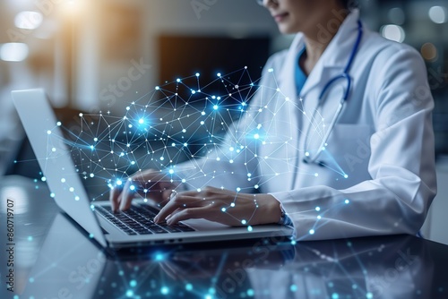 Doctor uses laptop and digital tablet in medical technology, global health network concept