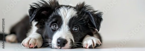 Black and White Border Collie Puppy Lying on White Floor