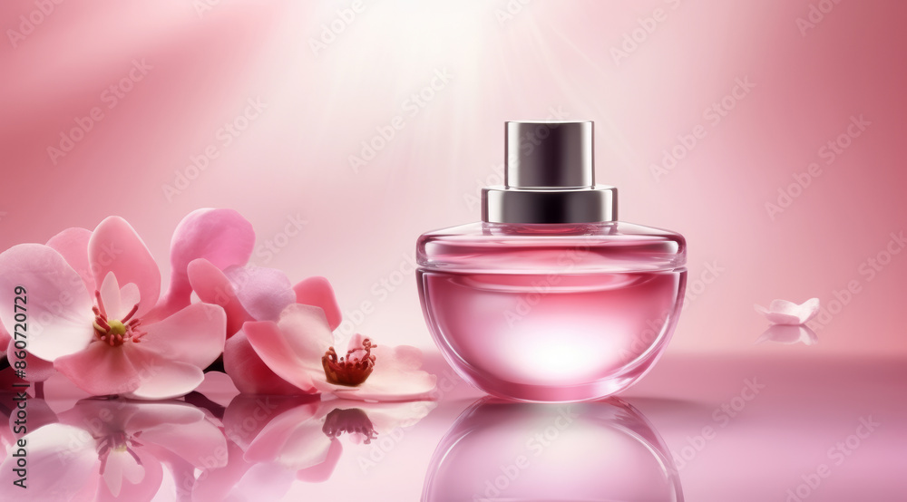 A glass bottle of perfume standing on a marble table next to orchids on a pink background A glass bottle of perfume standing on a marble table next to orchids on a pink background