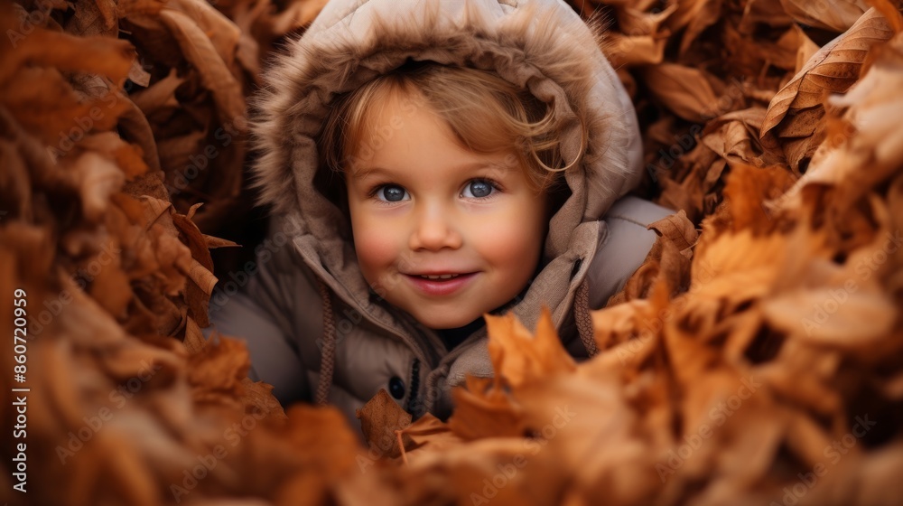 Child playing in pile of autumn leaves, joyful and carefree Child playing in pile of autumn leaves, joyful and carefree