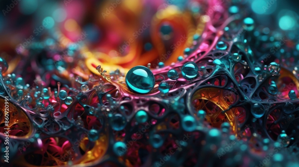 Close-up of a colorful and abstract 3D rendering of a cellular structure. AI. Close-up of a colorful and abstract 3D rendering of a cellular structure. AI.