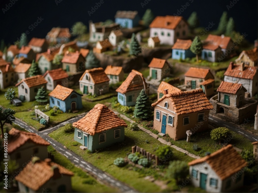 A collection of small model houses arranged on a table. AI. A collection of small model houses arranged on a table. AI.