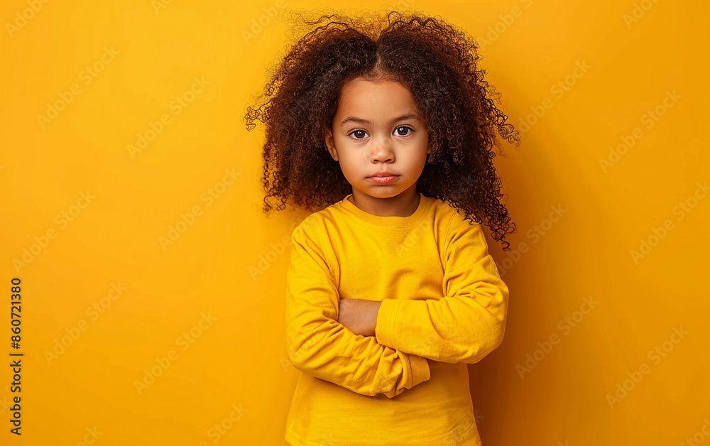 A young girl with curly hair stands against a yellow background with her arms crossed A young girl with curly hair stands against a yellow background with her arms crossed