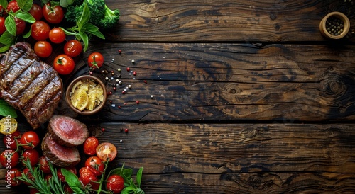 Grilled Steak With Tomatoes and Rosemary on Wooden Cutting Board