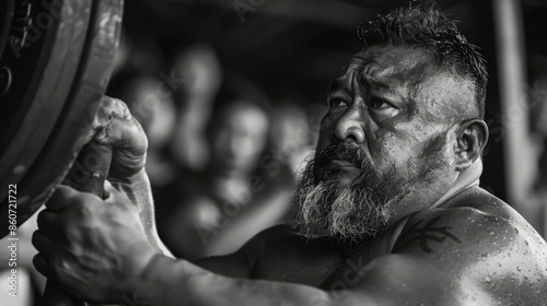 A black and white close up of a strongman during competition. AI.
