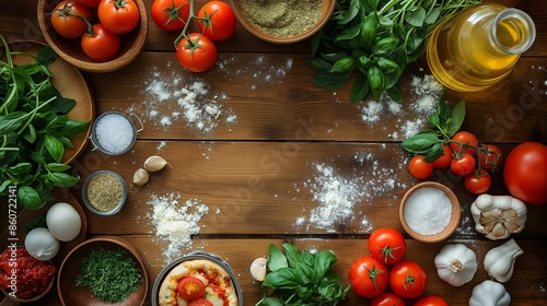 Fototapeta Naklejka Na Ścianę i Meble -  Ingredients for cooking pizza on wooden background. Top view with copy space