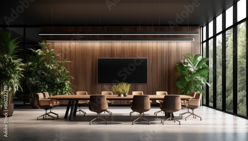 Interior of modern meeting room with wooden walls, concrete floor, long brown armchairs and TV on the wall.