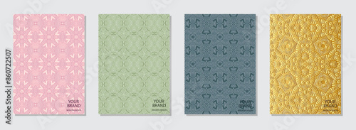 Set of covers, vertical templates. A collection of relief, geometric backgrounds with an original 3D pattern, exotic. Ethnic ornaments, handmade creativity of the East, Asia, India, Mexico, Aztec, Per