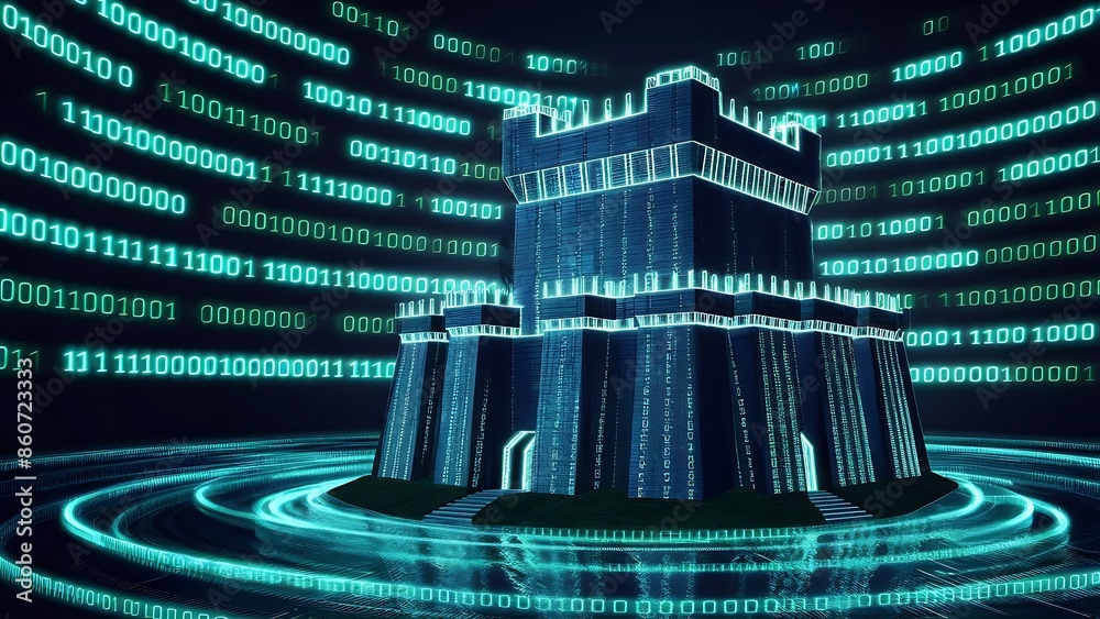 Obraz premium Digital fortress made of binary codes and digits