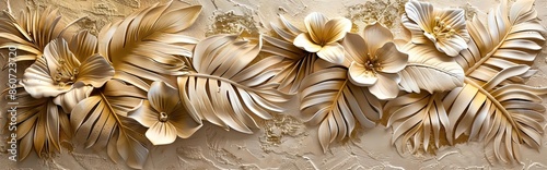 Gold floral plants and palm leaves Wallpaper Mural, 3d illustration, grey background, abstract tropical leaves, banana leaves with 3d lines. AI generated illustration