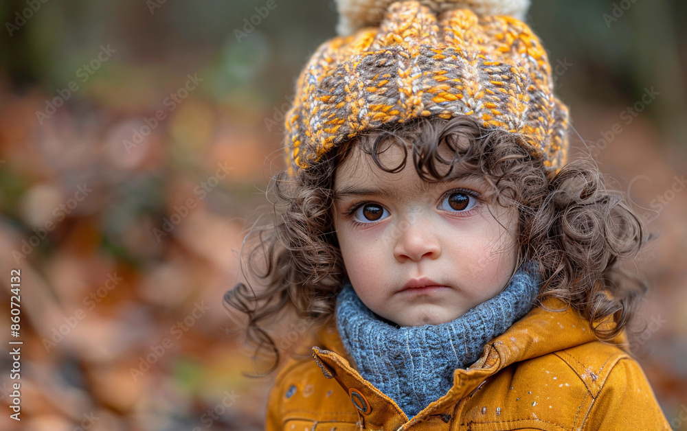 A close-up photo of a young girl with curly brown hair wearing a yellow knit hat and a yellow jacket, standing in a forest setting during autumn A close-up photo of a young girl with curly brown hair wearing a yellow knit hat and a yellow jacket, standing in a forest setting during autumn