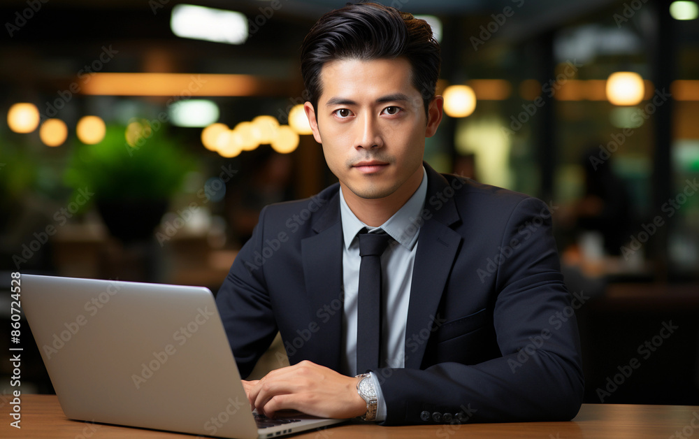 A businessman in a suit sits at a table in a restaurant at night, working on his laptop A businessman in a suit sits at a table in a restaurant at night, working on his laptop