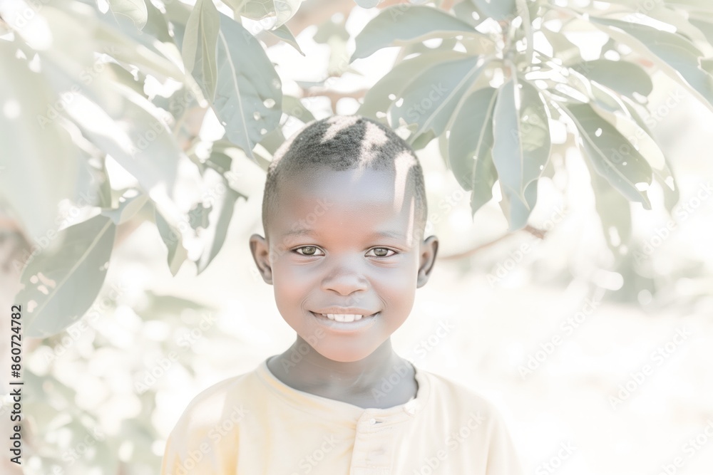 A cheerful African boy with short hair, smiling broadly, standing outdoors under a tree with a sunlit background. A cheerful African boy with short hair, smiling broadly, standing outdoors under a tree with a sunlit background.