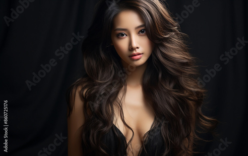 A close-up portrait of a young woman with long, flowing black hair. She is looking directly at the camera with a serious expression