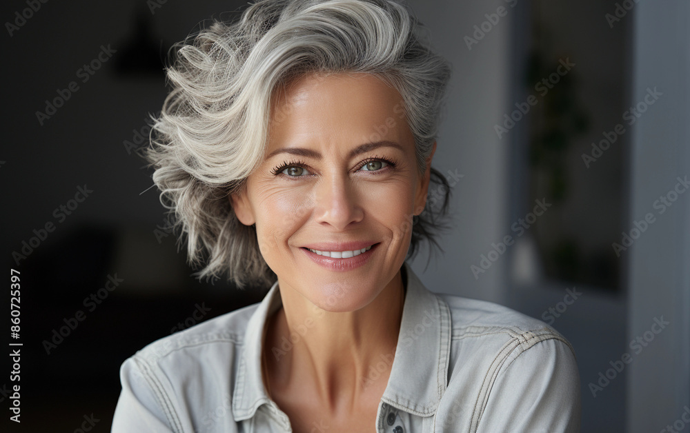A close-up portrait of a woman with wavy gray hair, wearing a white denim jacket, smiling at the camera A close-up portrait of a woman with wavy gray hair, wearing a white denim jacket, smiling at the camera