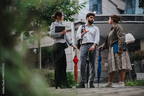 Young business people using technology and discussing a new project while brainstorming ideas and strategizing for success outdoors.