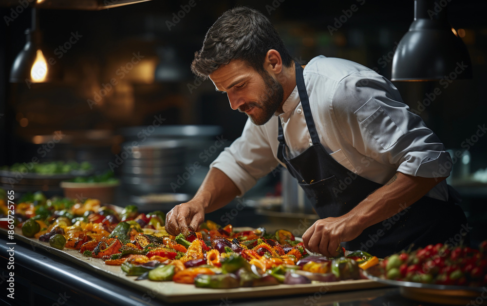 A male chef wearing a white shirt and black apron carefully arranges a large platter of roasted vegetables in a restaurant kitchen A male chef wearing a white shirt and black apron carefully arranges a large platter of roasted vegetables in a restaurant kitchen