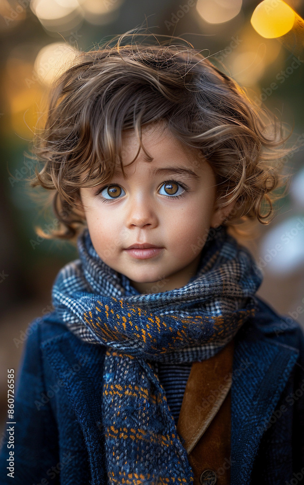 A close-up portrait of a young boy with curly brown hair wearing a blue jacket and a patterned scarf, outdoors in a blurred background A close-up portrait of a young boy with curly brown hair wearing a blue jacket and a patterned scarf, outdoors in a blurred background