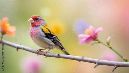 colourful tiny finch stands on a branch   Bird Photography  fancy, beam, colourful, springtime, feather, fluffy, fauna, cut out, usa, arizona, blur, grey, photo, wildlife, nice, hiding, horizontal, be © MRP Designer