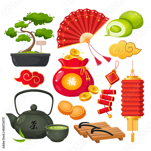 Japanese national cultural symbols set	 includes hand fan, traditional matcha tea, sweets, lantern etc.
