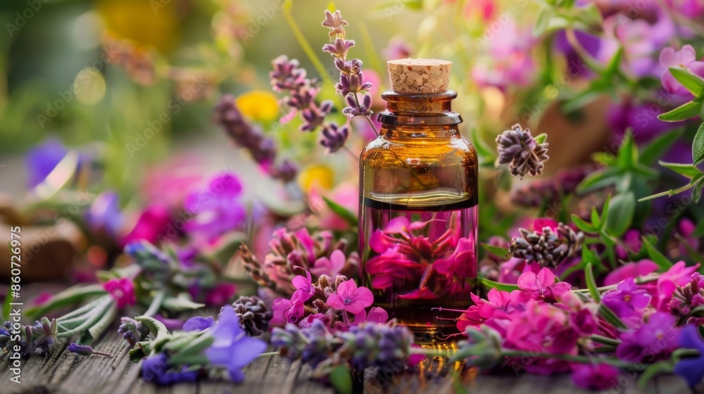 Essential Oil Bottle with Fresh Flowers Essential Oil Bottle with Fresh Flowers