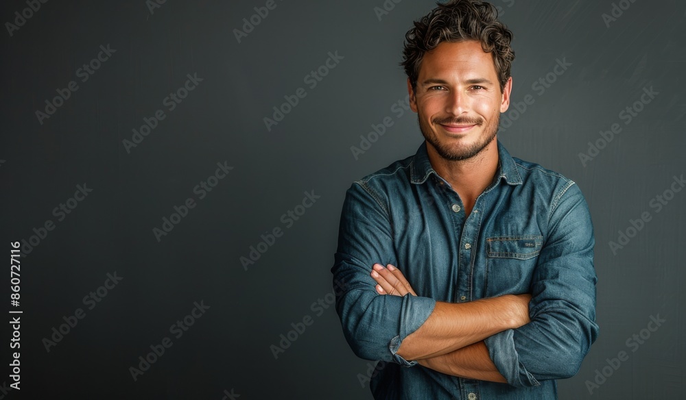 Happy Middle-Aged Man Wearing Denim Shirt Against Grey Background Happy Middle-Aged Man Wearing Denim Shirt Against Grey Background