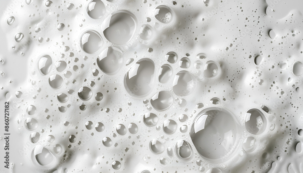 White foam with bubbles on grey background, top view White foam with bubbles on grey background, top view