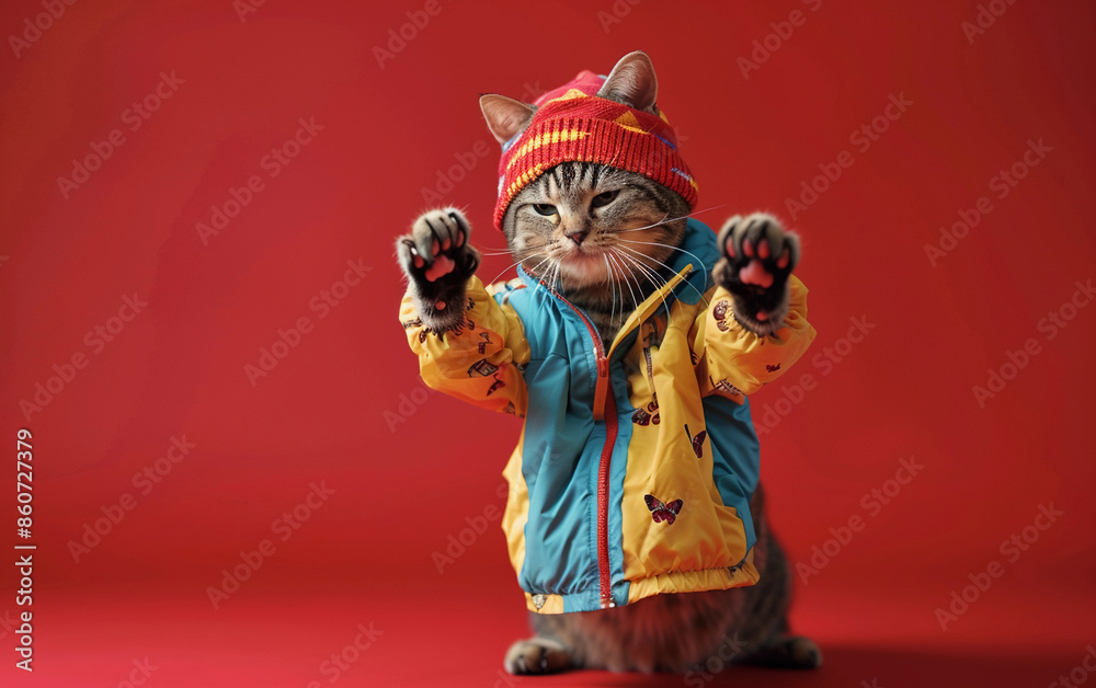 A grey tabby cat with green eyes is wearing a colorful yellow and blue jacket with a red hat. It is standing on a red background with its paws outstretched
