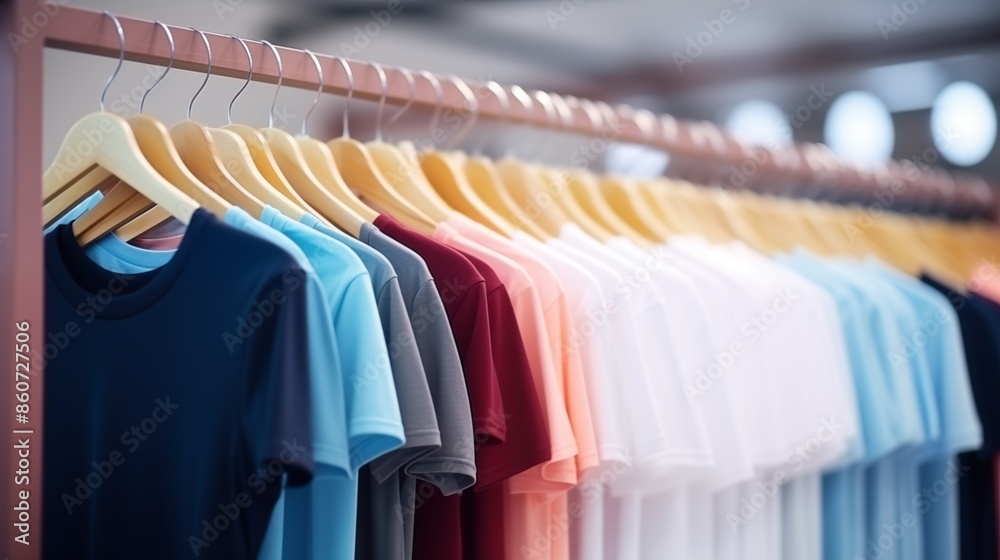 Obraz premium plain t-shirts of different colors hang on a hanger, store interior blur.