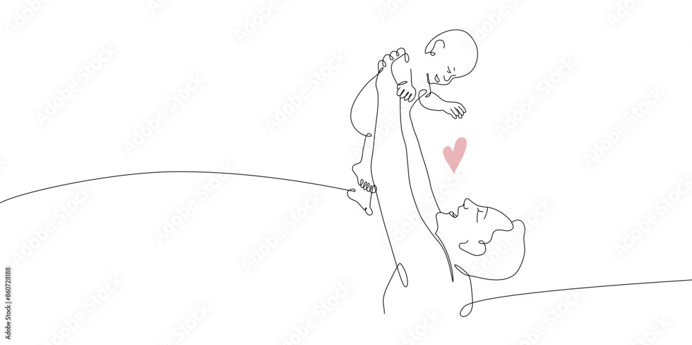 Vector one line art illustration of a new born baby and father. Father holding a baby. Lineart family portret for father's day Vector one line art illustration of a new born baby and father. Father holding a baby. Lineart family portret for father's day