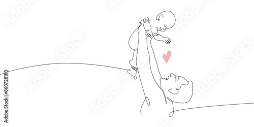 Vector one line art illustration of a new born baby and father. Father holding a baby. Lineart family portret for father's day