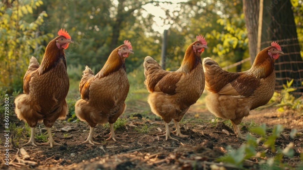 Fototapeta premium Four Brown Hens in a Rural Setting