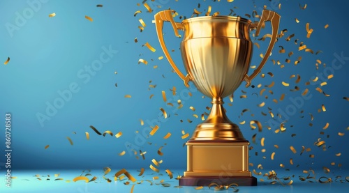 Gold Trophy With Confetti Against Blue Background