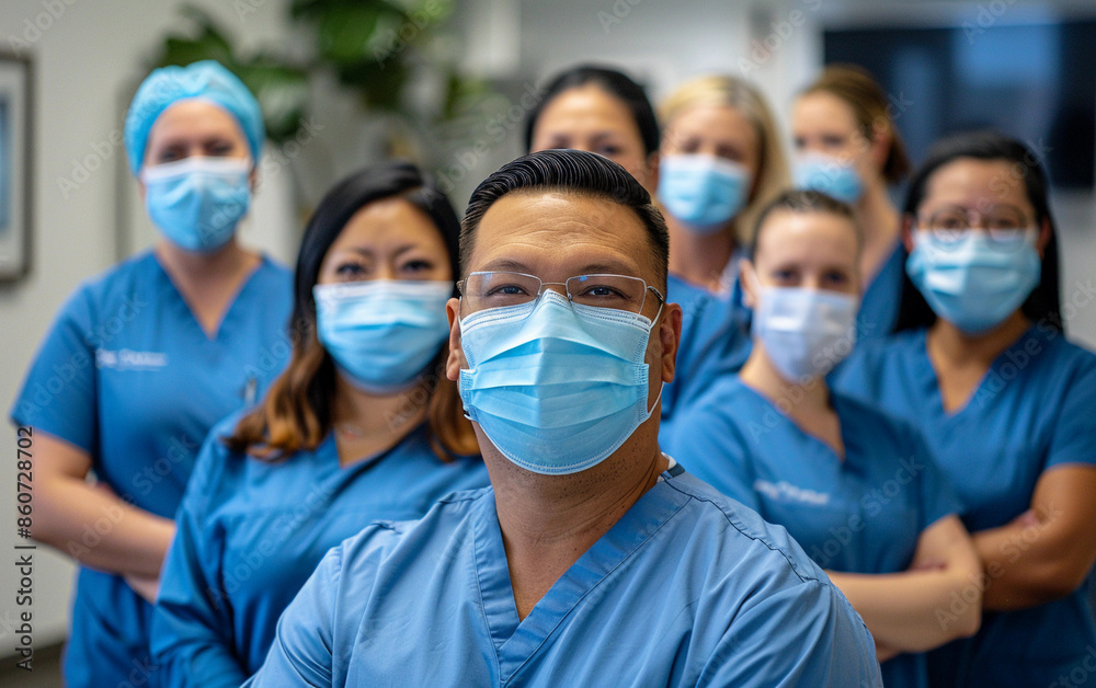 A group of diverse healthcare professionals stand together in a modern office setting, all wearing blue scrubs and face masks