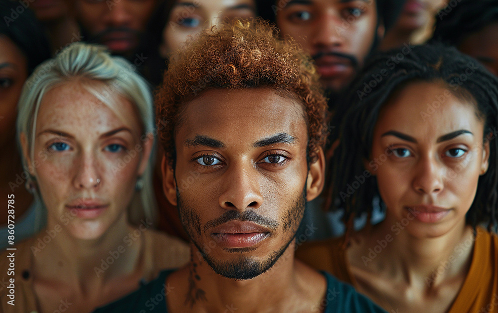 A close-up portrait of a diverse group of people looking directly at the camera. The individuals are standing close together and appear to be focused on the viewer A close-up portrait of a diverse group of people looking directly at the camera. The individuals are standing close together and appear to be focused on the viewer