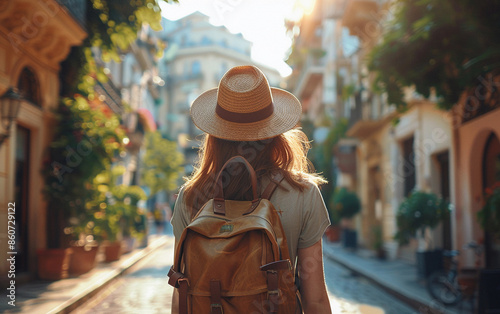 A woman wearing a straw hat walks down a sunny street in a European city. She is wearing a backpack and carrying a camera