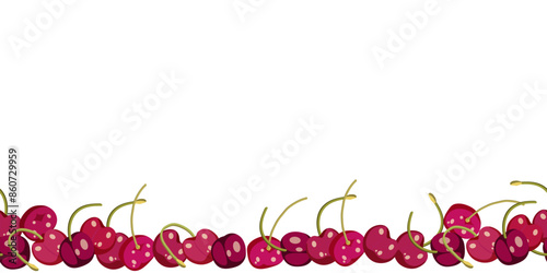 Ripe red cherries on white background. Summer fruits. Food vector illustration. Seamless border.