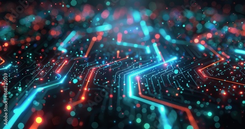 Abstract Circuit Board With Glowing Blue, Orange, and Green Lines