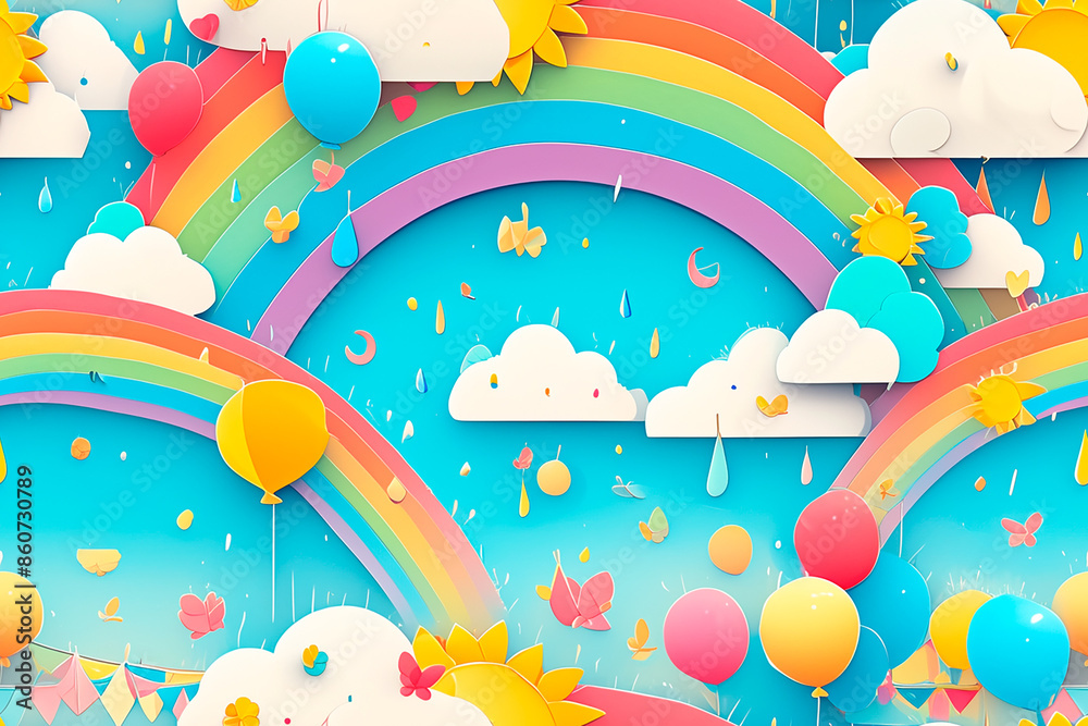 A cheerful pattern with rainbows, clouds, and balloons in pastel colors, giving a joyful and whimsical feel. A cheerful pattern with rainbows, clouds, and balloons in pastel colors, giving a joyful and whimsical feel.
