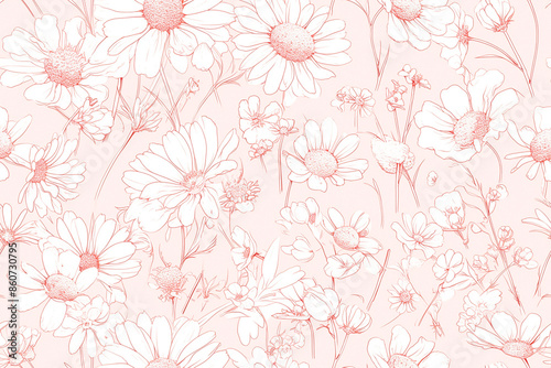 Seamless pattern of hand-drawn flowers in light pink on a matching background. Soft and elegant design with a delicate touch.