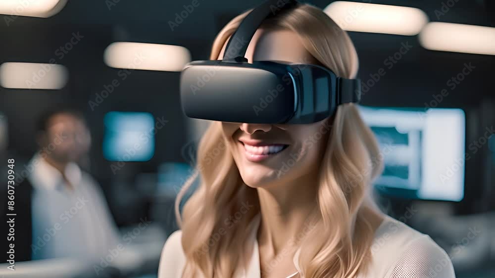Woman Experiencing VR in Modern Office Generative AI