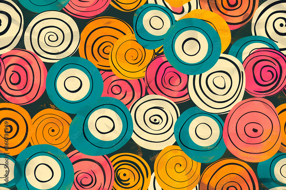 Colorful spiral pattern with concentric circles in various shades of pink, yellow, teal, and orange on a dark background, giving a retro vibe. Colorful spiral pattern with concentric circles in various shades of pink, yellow, teal, and orange on a dark background, giving a retro vibe.