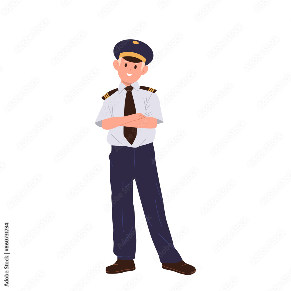 Cute little boy airplane second pilot cartoon character wearing uniform isolated on white background Cute little boy airplane second pilot cartoon character wearing uniform isolated on white background