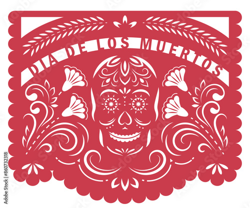 Mexican banner for Day of the Dead, Dia de los Muertos. Decorative garland Papel Picado with floral ornament and skull.