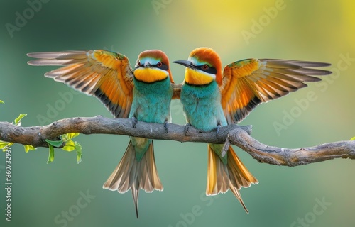 Two Colorful Bee-Eaters Perched on Branch in Green Forest