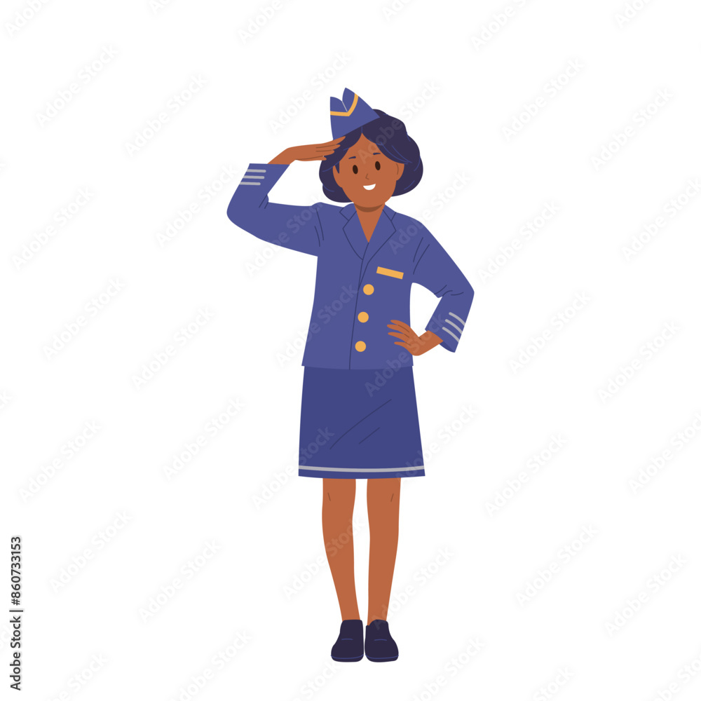 Cute smiling girl flight attendant cartoon character saluting providing aviation crew service Cute smiling girl flight attendant cartoon character saluting providing aviation crew service