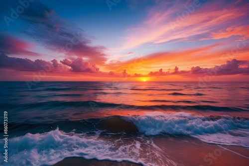 Ocean Sunset with Waves: Vibrant Colors Reflecting on the Water's Surface